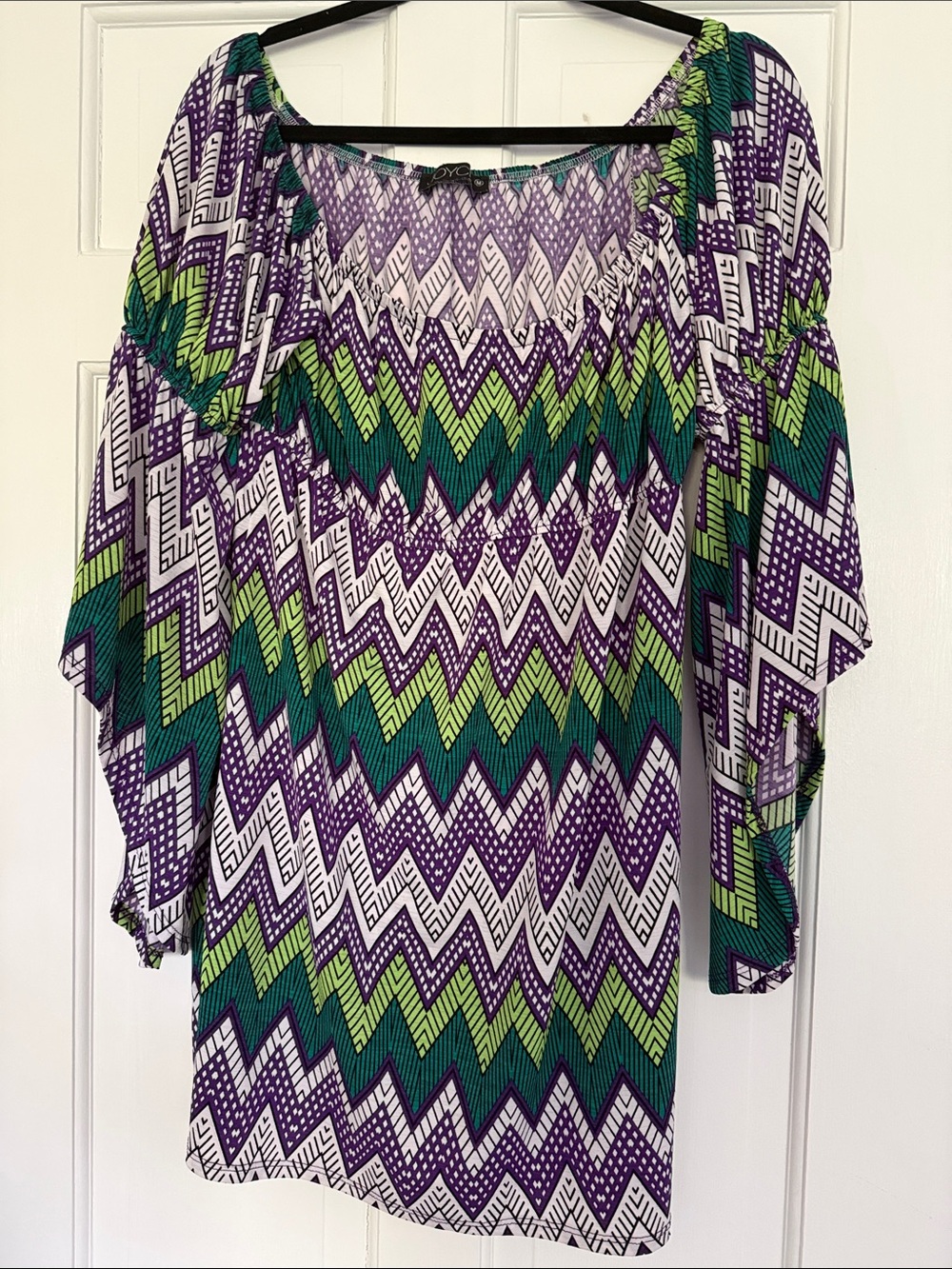 Chevron Peasant Tunic or Mini dress  in Green, Purple & White